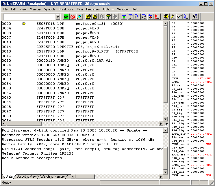Initial NoICE display using JLink